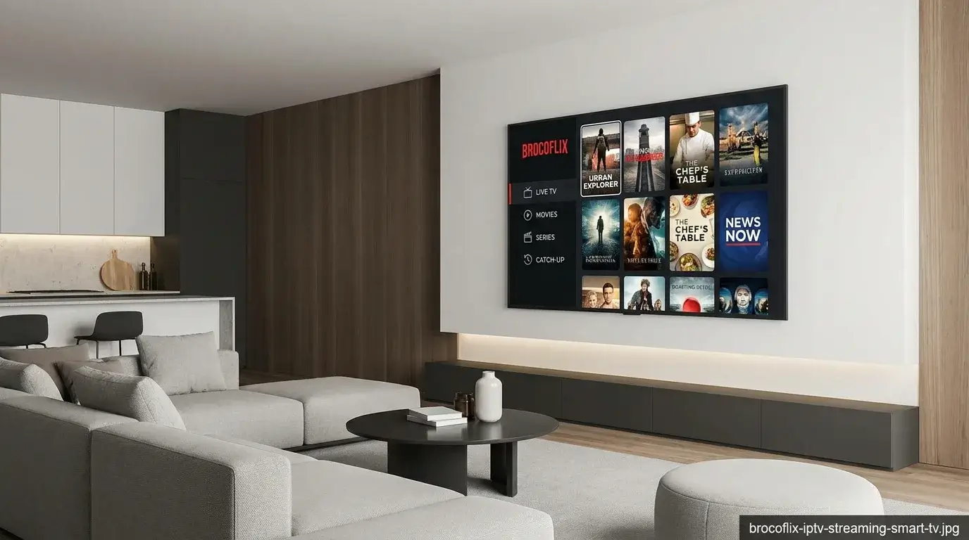 Brocoflix guide and 4K IPTV streaming interface on a smart TV display