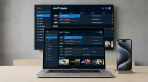 ReflexSat IPTV streaming across multiple devices including a TV, laptop, and smartphone