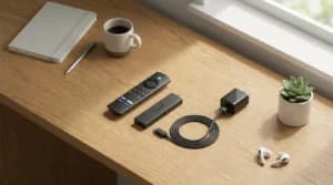 Amazon Fire TV Stick 4K with remote control and accessories on a desk