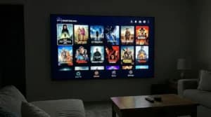 Smart TV displaying a premium IPTV video-on-demand library with movie thumbnails
