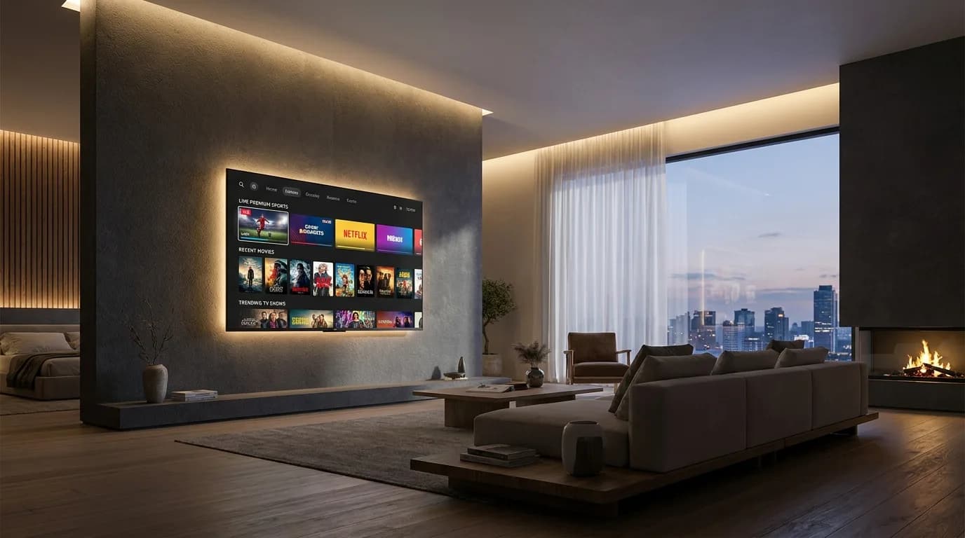 Inline IPTV streaming across a TV, laptop, and smartphone