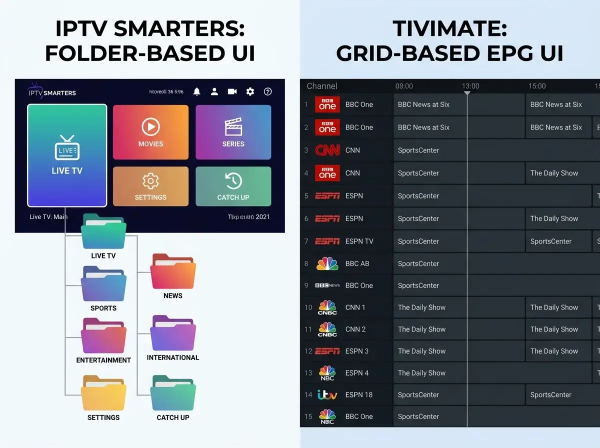 Interface comparison of IPTV Smarters Pro and TiviMate applications