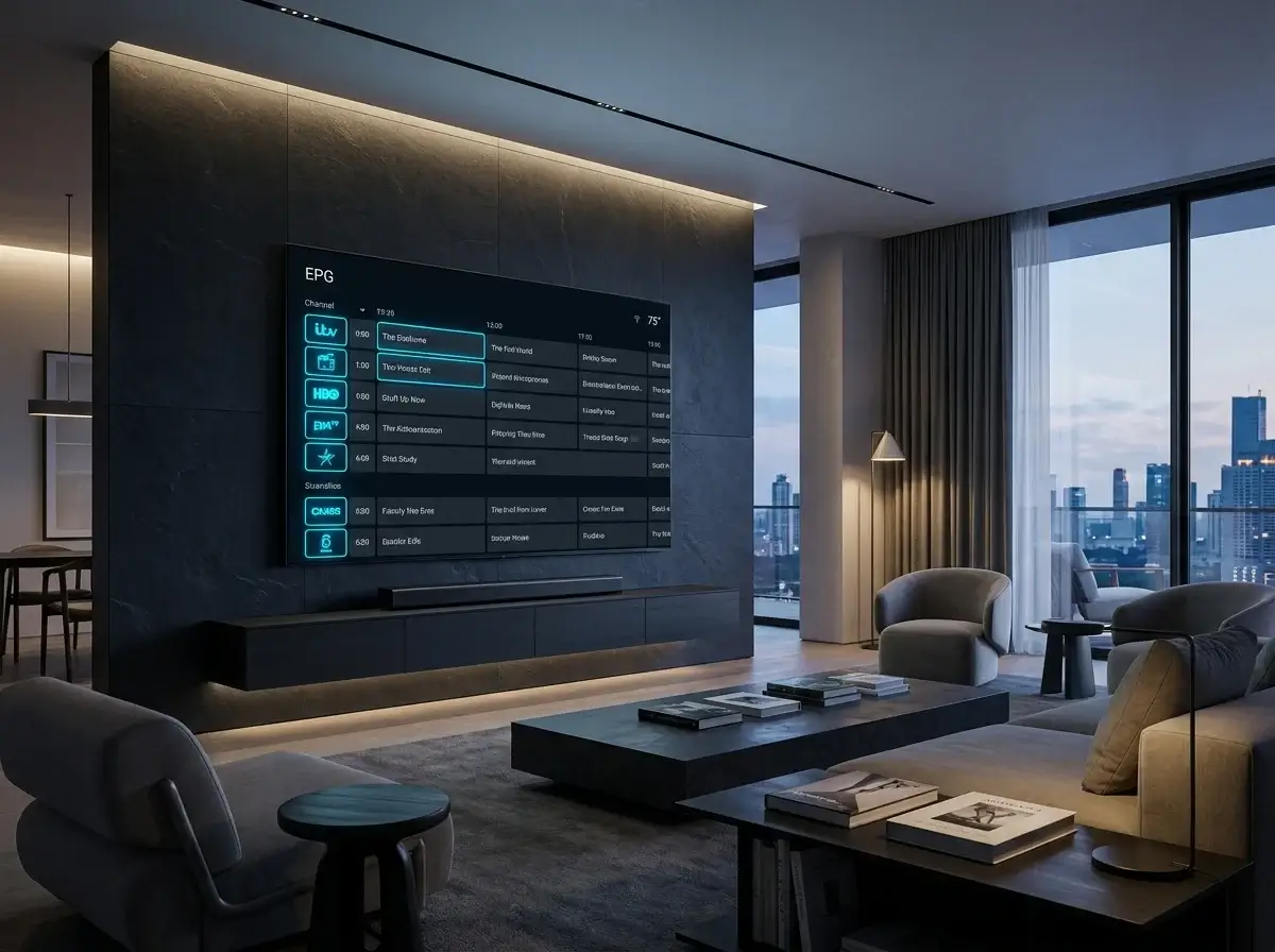 Inline IPTV streaming across a TV, laptop, and smartphone