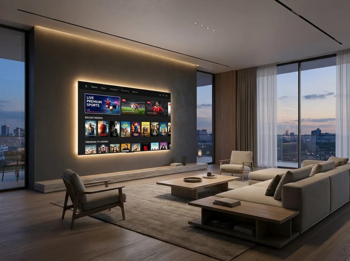 Inline IPTV streaming across a TV, laptop, and smartphone