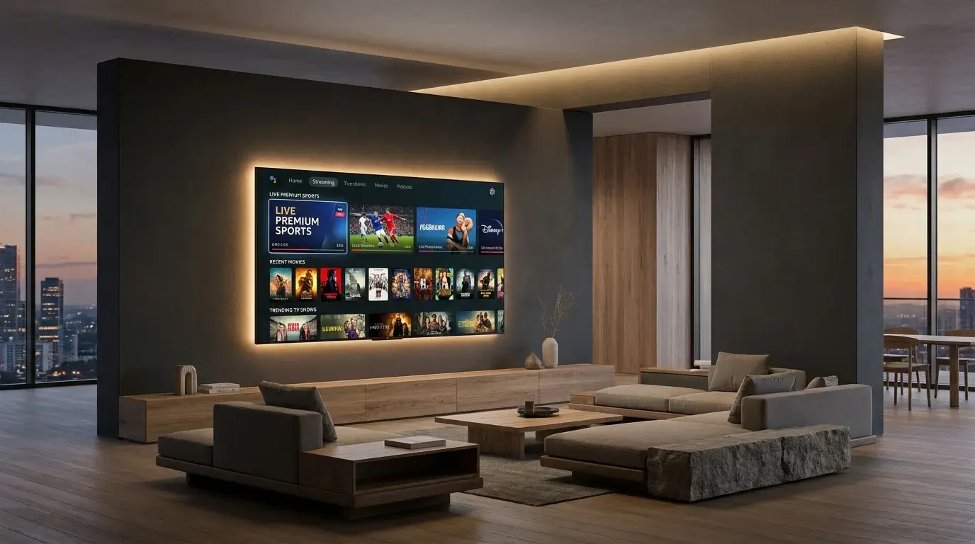 Inline IPTV streaming across a TV, laptop, and smartphone