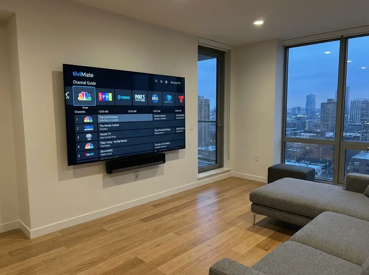 Inline IPTV streaming across a TV, laptop, and smartphone